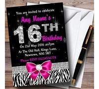 16th Birthday Invites Pink Diamond and Zebra Print 16Th Birthday Party Personalised Invitations with Envelopes - Any Custom Text for Any Occasion