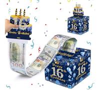 16th Birthday Money Box, Navy Blue Pull Cash Case, Surprise Money Gift Box for Boys and Girls