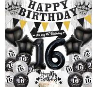 16th Birthday Party Decorations for Boys - Black Silver Happy Birthday Banner Pennant Flags Garlandand Sash, Star Heart Crown Number Foil Balloons Cake Toppers for 16 Years Old Teens