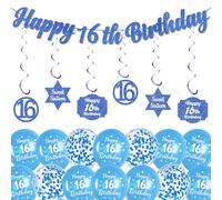 16th Birthday Party Decorations for Boys - Blue Happy 16th Birthday Banner and Latex Printed Balloons, Hanging Swirls Backdrop Decor Confetti Balloon for Kids 16 Years Old Party Supplies