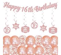 16th Birthday Party Decorations for Girls - Rose Gold Happy 16th Birthday Banner and Latex Printed Balloons, Hanging Swirls Backdrop Decor Confetti Balloon for Kids 16 Years Old Party Supplies