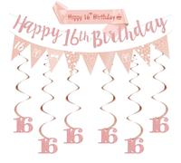 16th Birthday Party Decorations Girls - Rose Gold Happy Birthday Banner Decor Set with Bunting, Sweet Sixteen Sash Number 16 Hanging Swirls for 16 Years Old Party Supplies