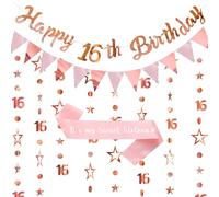 16th Birthday Party Decorations Girls - Rose Gold Happy Birthday Decor Set with Banner Glitter Garland, Sweet Sixteen Sash Star Streamer Bunting for 16 Years Old Party Supplies