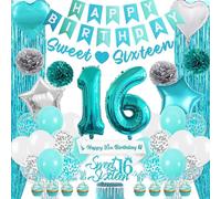 16th Birthday Party Decorations Girls - Teal Happy Birthday Banner Cake Topper Kit with Sash Foil Fringe Curtain, Sweet Sixteen Confetti Latex Balloons for 16 Years Old Party Supplies