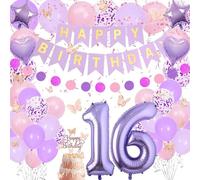 16th Birthday Party Decorations Purple Pink - Happy 16th Birthday Decoration for Girls Includes Happy Birthday Banner, Balloons,Cake Topper and Butterfly Stickers for Girls Her Birthday Party Supplies