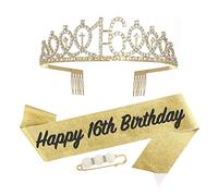 16th Birthday Sash and Tiara for Girls,Gold 16th Birthday Crown Costume Set for 16th Birthday Gifts,Rhinestone Birthday Crown and Shoulder Strap for Her 16th Birthday Decorations Party Accessories