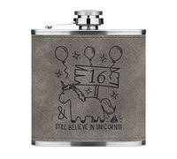 16th Birthday Still Believe in Unicorns 6oz PU Leather Hip Flask Grey Luxe