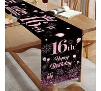 16th Birthday Table Runner for Girls Her Black Pink Happy 16th Birthday Table Runner 16 Years Old Celebration Party Decorations Non-Slip Dining Table Linen Cover Cloth Decor, 180x35cm Long