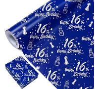 16th Birthday Wrapping Paper Roll 8m,43cm Blue Silver Wrapping Paper Roll for Boy Girls Birthday Gift Decorations