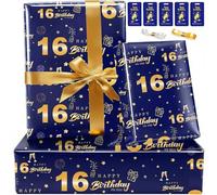 16th Birthday Wrapping Paper Set with Tag Ribbon,Birthday Gift Wrapping Paper for Boy Him,Happy Birthday Paper Wrapping for Present Wrap Luxury Gift Wrap Paper for Birthday Gift Decoration, Blue Gold