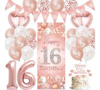 16th Girls Birthday Party Decoration - Rose Gold Sweet 16 42pcs Set Kit | Number 16 Balloon Fabric Backdrop Background Cake Topper Sixteen Years Old Party Decorations