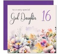 16th God Daughter Birthday Card - Purple Floral God-Daughter's Birthday Card for 16 Year old teenage Kids sixteen sixteenth