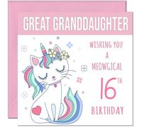 16th Great Granddaughter Birthday Card - Meowgical Funny Cat Birthday Card for 16 Year old teenage Kids sixteen sixteenth