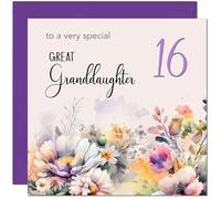 16th Great Granddaughter Birthday Card - Purple Floral Birthday Card for 16 Year old teenage Kids sixteen sixteenth
