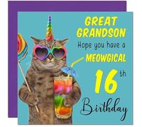 16th Great Grandson Birthday Card - Meowgical Cat Funny Birthday Card for 16 Year old teenage Kids sixteen sixteenth