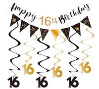 16th Happy Birthday Banner, Black and Gold Birthday Decoration for Boys Girls, 16th Birthday Party Decor with Birthday Bunting Flag, Triangle Flag, Hanging Swirls for 16th Birthday Party Decoration