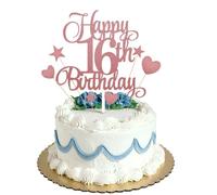 16th Happy Birthday Cake Topper Rose Gold Glitter,Personalised Cake Toppers for Men Boys Women Girls Birthday Party Cake Decorations Kit with Star Heart Cupcake Topper
