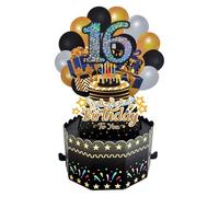 16th Pop Up Birthday Cards for Women Men, Black Gold Birthday Cake Cards with Envelope Message Card for Girls Boys Birth Gifts, 16th Birthday Greeting Card for Her Him