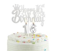 16th Silver Birthday Cake Candle with Cake Topper, Silver Party Candle Cake Topper for Boys Girls Men Women, 16th Birthday Decoration, Wedding Anniversary