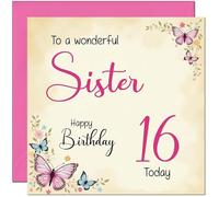 16th Sister Birthday Card - Beautiful Butterfly Floral Sisters Birthday Card for 16 Year old teenage Kids sixteen sixteenth