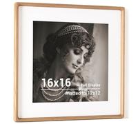 16x16 Picture Frame, Natural Oak Wood Photo Frames with HD Tempered Glass, Handcrafted Rounded Corner 16 x 16 Wooden Frames Matted to 12x12 Photos, 16x16 Frame, Tabletop or Wall Display