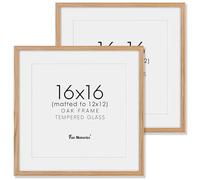 16x16 Picture Frames, Solid Oak Wood Photo Frame 16 by 16, Rustic Wooden Square Picture Frame with Tempered Real Glass, 16 x 16 Square Frame Matted to 12 x 12, Natural Color, Set of 2