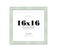 16x16" Sage Green Square Picture Frame with 13x13" Mount - Shabby Chic Photo Frame with Distressed Finish, Gold Trim, Wall Hooks, 37mm Edge - 1 Pack