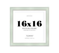 16x16" Sage Green Square Picture Frame with 14x14" Mount - Shabby Chic Photo Frame with Distressed Finish, Gold Trim, Wall Hooks, 37mm Edge - 1 Pack