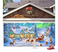 16X7ft Christmas Santa Claus North Pole Village Garage Door Cover Decorations, Winter Wonderland Reindeer Snowy Pine Tree Background, Xmas Eve New Year Holiday Party Window Yard Decor Supplies