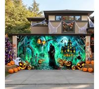 16X7ft Halloween Garage Door Cover Decorations, Horror Grim Reaper Skeleton Skull Pumpkin Lantern Haunted Castle and Creepy Graveyard Background for Scary Halloween Party Wall Window Yard Home Decor