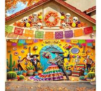 16X7ft Mexican Day of The Dead Garage Door Decorations Backdrop Colorful Sugar Skull Skeleton Cactus Floral Banner Mexican Halloween Fiesta Outdoor Garage Door Party Yard Decorations