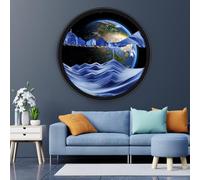 17.3'' Moving Sand Art Picture Round Glass 3D Deep Sea Sandscape Room Decoration, Glass Crafts Solid Wood Frame, Relaxing Mood Home Office Work Wall Art Decor(Blue)