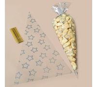 17×30cm Sweet Cone Bags and Ties,100 Pcs Hot Chocolate Cones Bag, Triangle Transparent Sweetie Bags for Kids Party, for School Treats, Halloween, Christmas (Silver Stars 17 * 30)