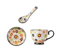 17.6oz Bohemian Ceramic Coffee Mug Set with Lid Spoon,Hand Painted Polish Style Large Bobo Cappuccino Mug Microwave Dishwasher Safe Vintage Floral Mug for Office Home Decor Gift for Women Mom (Bobo E)