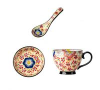 17.6oz Bohemian Ceramic Coffee Mug Set with Lid Spoon,Hand Painted Polish Style Large Bobo Cappuccino Mug Microwave Dishwasher Safe Vintage Floral Mug for Office Home Decor Gift for Women Mom (Bobo F)