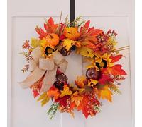 17.7 Inch Autumn Christmas Wreath for Front Door, Artificial Fall Leaves and Pumpkin Wreath with Sunflowers and Burlap Bow, Plastic Holiday Decor for Indoor Outdoor