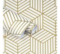 17.7x118.1”Gold and White Geometry Stripped Hexagon Contact Paper Gold Stripes Self Adhesive Wallpaper Removable Peel and Stick Wallpaper Vinyl for Cabinets Furniture Countertop Shelf Drawer Liner
