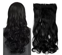 17" Clip In Hair Extensions One Piece Curly Hairpieces 5 Clips Wavy Synthetic - Dark Black(43cm-120g)