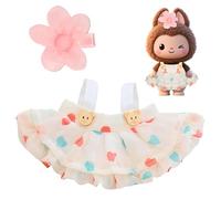 17 cm Doll Clothes Compatible with Labu 17cm Doll, 2 Piece Set Sweet Love Heart Print Dress and Pink Flower Hair Clip, Doll Clothing Accessories Set Replacement Beige, NO Doll