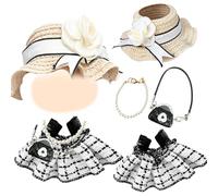 17 cm Doll Clothing, Elegant Doll Clothes Accessory Set with 1 Classic Check Dress, 1 Straw Fabric Hat, 1 Necklace, 1 Flower Bag for Girls Birthday, Doll Not Included