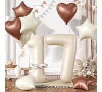 17 Cream White Balloons, 17 Number Balloons Set, Beige Number 17 Balloon, Brown Sand White Foil Star Heart Long Balloon For 17th 71st 17 71 Years Old Birthday Party 1st 7th Baby Shower Decorations