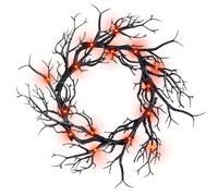 17 Inch Artificial Halloween Wreath Black Twig Wreath with Glitter Lights, Handmade Halloween Wreath Sparkling Hanging Decorations for Front Door Indoor Outdoor, Halloween Party Home Decorations (C)