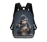 17 Inch Cartoon Gorilla Playing Drums Backpack, 3D Printed School Bag, School Lunch Bag, Travel Backpack, Friends Backpack for Girls And Boys