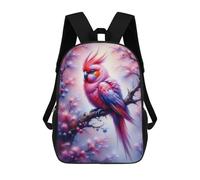 17 Inch Children's Backpack A Vivid Pink, White, And Crimson Budgerigar Perched on A Branch in A Dreamy, Misty Forest School Rucksack 3D Kids School Backpack School Bags Fashion Backpack with Pocket B