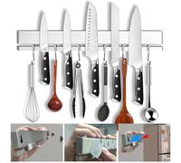 17 Inch Magnetic Knife Holder for Wall or Refrigerator - Adhesive Magnetic Knife Strip for Fridge - 304 Stainless Steel Magnet Knife Bar Rack for Kitchen Utensils, Knives, and More- 6 Hooks - No Drill