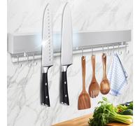 17 Inch Magnetic Knife Holder for Wall - Stainless Steel Magnet Knife Strip No Drill with 10 Hooks/Adhesive Tape/Screws, Kitchen Utensil Holder, Magnetic Knife Organizer, Wall Mounted Knife Storage