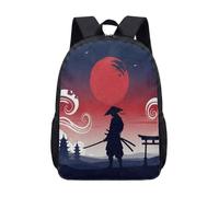 17 Inch Samurai Backpack Japanese Print Rucksack Oriental Art Red Sun Silhouette Traditional Warrior School Bag for Students (03)