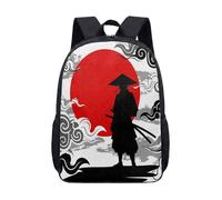 17 Inch Samurai Backpack Japanese Print Rucksack Oriental Art Red Sun Silhouette Traditional Warrior School Bag for Students (01)