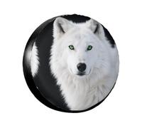 17 inch Spare Tire Cover Waterproof Dustproof Universal Cool White Wolf Wheel Protectors with Green Eyes Tire Cover for RV Trailer