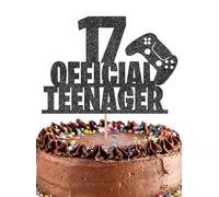 17 Official Teenager Cake Topper - Glitter Black 17th Birthday Cake Decorations, 17 Years Old Birthday Cake Smash Pick (17)